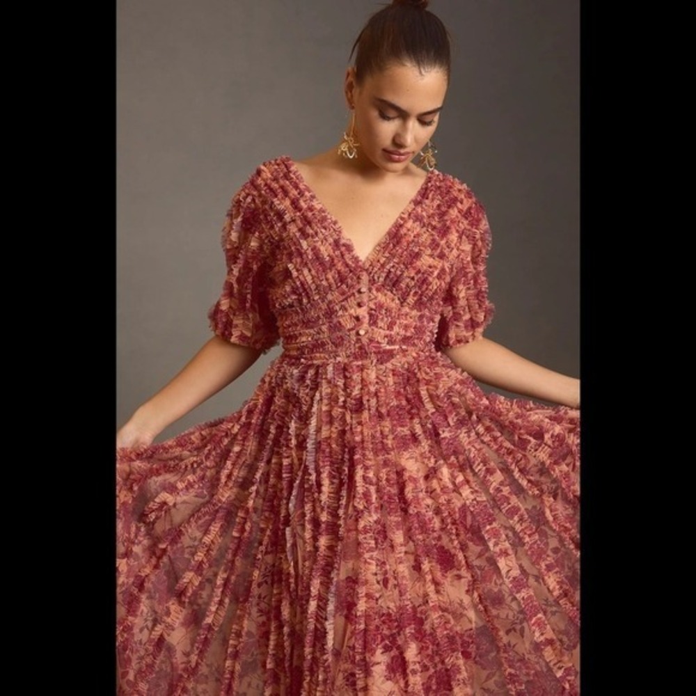 $798 NWT Anthropologie Mac Duggal Size 4 Red Floral Ruffle Long Maxi Dress Gown - Picture 4 of 12